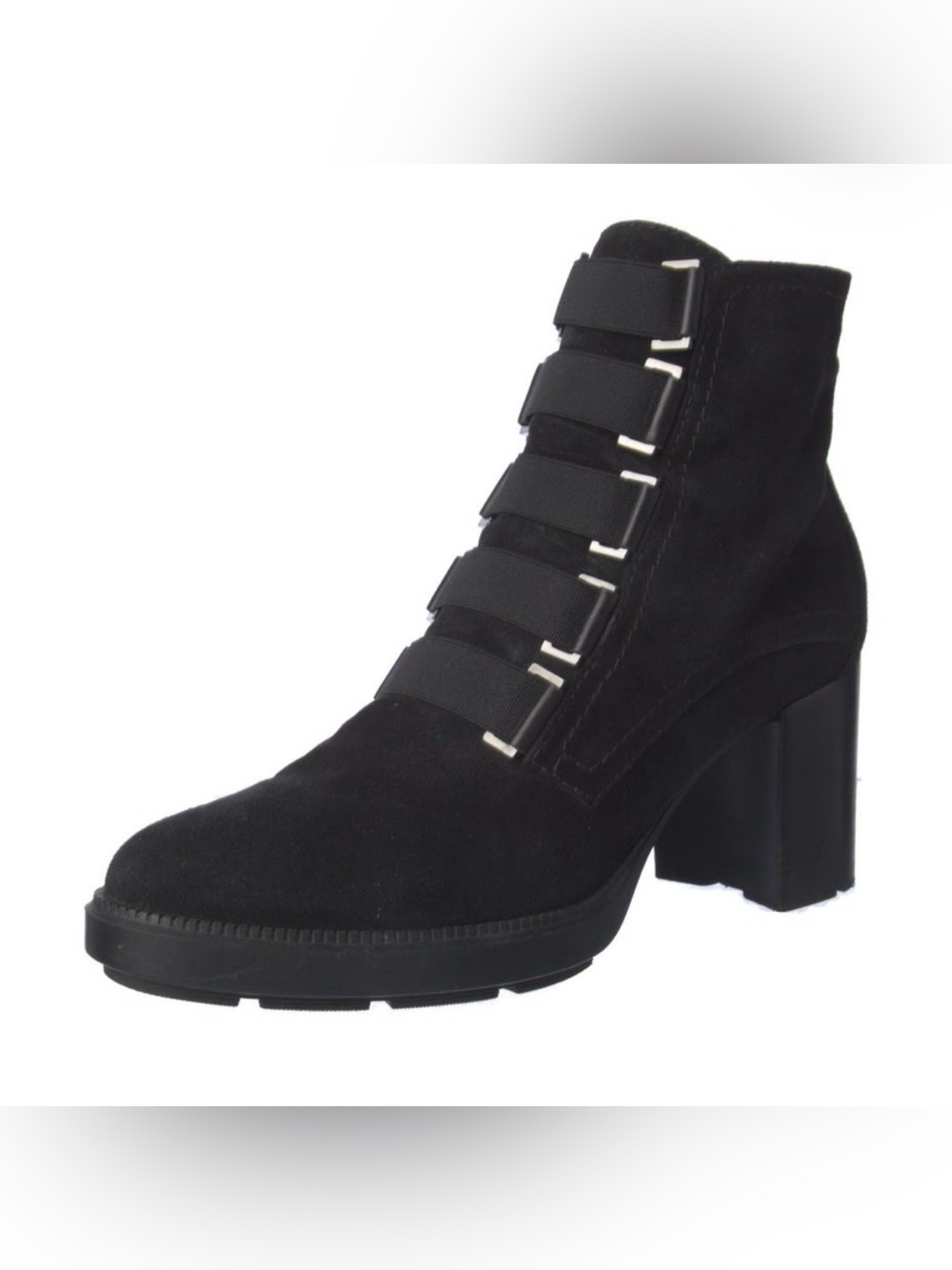 Aquatalia Black Suede Block Heel Ankle Boot with Strap Accents